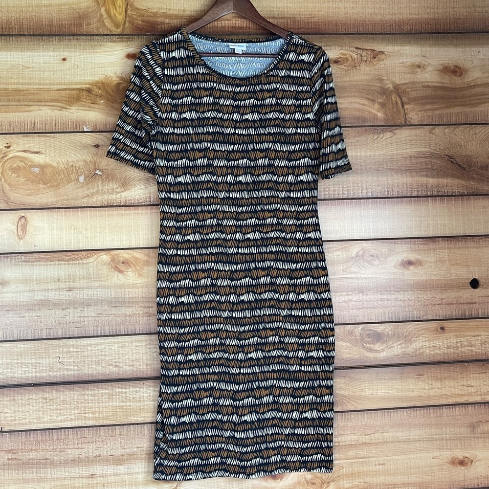 LuLaRoe Julia Dress Medium Black‎ Brown T-Shirt Short Sleeve Bodycon Stretch